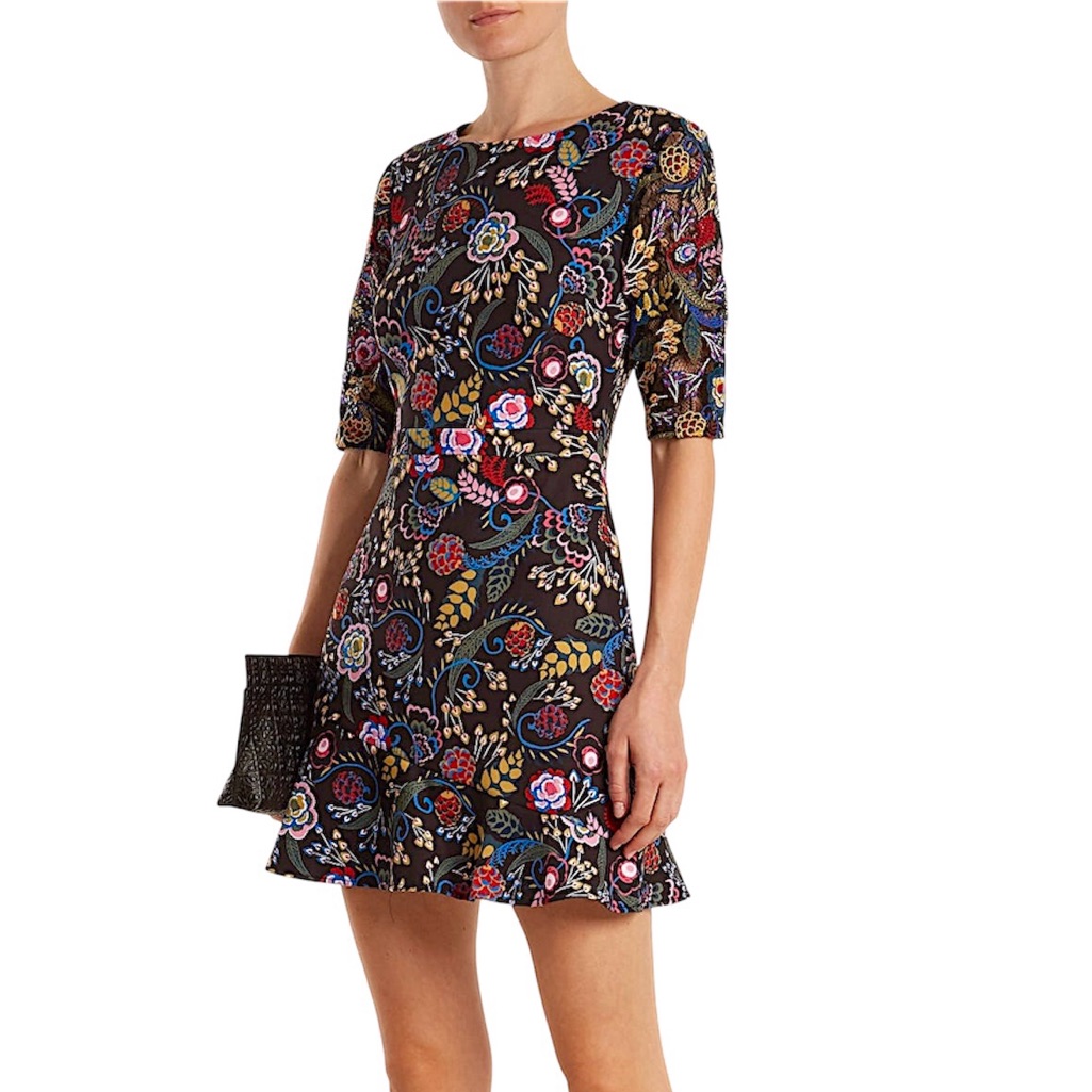 Saloni Floral Celia Fit & Flare Embroidered Mini Cady Dress Women's Size 2